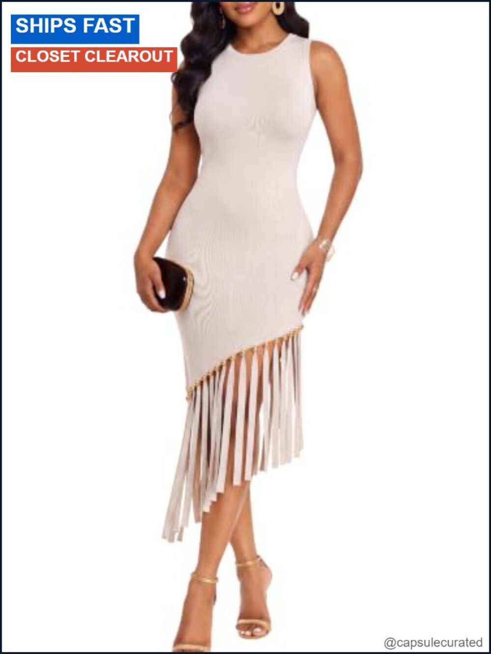 Elegant Sleeveless Knit Bodycon Midi Dress Fringe Hem Cocktail Party